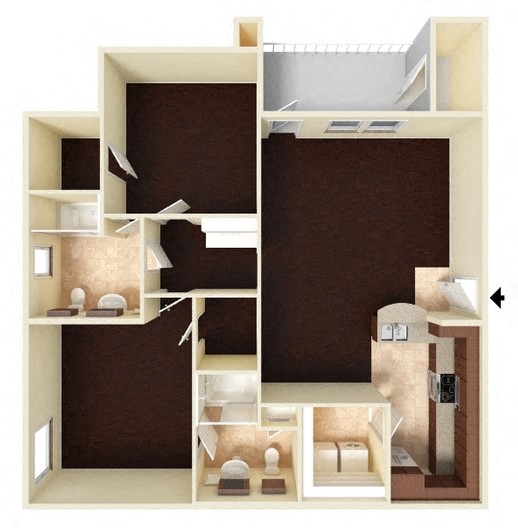 Floor plan for 2 beds, 2 baths, 1103 sqft